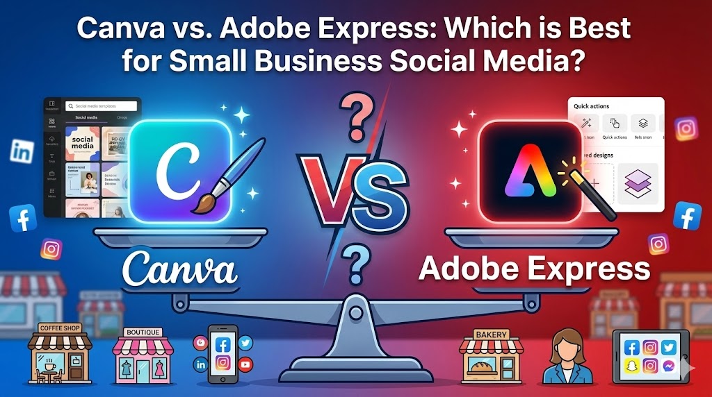 Canva vs. Adobe Express: Which is Best for Small Business Social Media? You've got 15 minutes before your lunch break ends, and you desperately need to post something on Instagram today. Your graphic designer quit three months ago, you can't afford to hire a new one, and that stock photo sitting on your desktop isn't going to design itself into an engaging social media post. Sound familiar? Welcome to the reality of small business marketing in 2026. Here's the good news: you don't need a design degree or expensive software to create professional-looking social media content anymore. Two platforms have emerged as the go-to solutions for non-designers everywhere—Canva and Adobe Express. Both promise to transform your amateur graphics into scroll-stopping content. Both offer free versions that might be "good enough." And both are fighting tooth and nail for your subscription dollars. But which one actually saves you time? Which one will your team actually use? And most importantly—which one is worth paying for when every dollar in your marketing budget counts? I've spent the last month putting both platforms through their paces, creating identical social media content in each to see which one truly serves small business owners better. Not designers. Not marketing agencies. Regular business owners who need to create decent graphics quickly without wanting to throw their laptop out the window. At LADSMEDIA, we've helped hundreds of small businesses establish their social media presence, and the design tool question comes up in nearly every conversation. This guide cuts through the marketing fluff to give you the honest comparison you need to make the right choice for your business. Quick Verdict: Which Saves More Time? Let's not bury the lead. If you're a small business owner with zero design experience who needs to create social media content as quickly as possible, Canva wins on time savings. It's not even particularly close. Here's why: Canva was built from the ground up for people who aren't designers. Every feature, every template, every menu option assumes you're starting from scratch with no prior knowledge. Adobe Express, while significantly more accessible than traditional Adobe products like Photoshop, still carries some of that "Adobe DNA" that assumes a baseline familiarity with design concepts. When I timed myself creating an identical Instagram post in both platforms—same image, same text, same basic layout—Canva took me 4 minutes and 12 seconds from login to download. Adobe Express took 6 minutes and 47 seconds. That 2.5-minute difference might seem trivial until you're creating 20 posts per month. Suddenly you're looking at nearly an hour of extra time. The difference comes down to three factors: Template discovery speed: Canva's search function is more intuitive, and results feel more immediately usable. When I searched "restaurant Instagram post" in both platforms, Canva's first page of results included templates I could use with minimal editing. Adobe Express results required more scrolling to find something that didn't need significant modification. Interface simplicity: Canva's editor feels like it was designed by someone who watched a lot of confused small business owners try to make graphics. Everything is where you expect it to be. Adobe Express's interface is cleaner and more modern, but I found myself hunting for features more often. Learning curve: I handed both platforms to three people on my team with varying design experience. Everyone figured out Canva within minutes. Adobe Express took noticeably longer for the true beginners, though our one team member with previous Adobe experience actually preferred it. However—and this is important—Adobe Express wins on one crucial time-saving feature: content scheduling is available on the free plan. Canva restricts its Content Planner to Pro subscribers. If you're currently paying for a separate scheduling tool, Adobe Express's free plan might actually save you money and consolidate your workflow. The bottom line: For pure design speed with no prior experience, choose Canva. If you're already comfortable with Adobe products or value free scheduling, Adobe Express deserves serious consideration. Understanding Both Platforms: The Non-Designer's Perspective Before diving into specific comparisons, let's establish what these tools actually are and why they matter for your business. What is Canva? Canva launched in 2013 with a simple mission: make design accessible to everyone. It's now used by over 170 million people monthly and has become synonymous with "DIY graphic design." The platform offers a drag-and-drop editor, millions of templates, and enough features to handle everything from Instagram posts to full presentation decks. For small businesses, Canva has become almost the default choice. Your competitors are probably using it. Your local coffee shop's Instagram? Probably Canva. That real estate agent's Facebook posts? Definitely Canva. It's become so ubiquitous that "Canva template" has become both a compliment (accessible, professional) and an insult (generic, overused). What is Adobe Express? Adobe Express (formerly Adobe Spark) is Adobe's answer to Canva—a simplified design tool aimed at non-professionals. It launched with the promise of bringing Adobe's legendary design quality to everyday users without the complexity of Photoshop or Illustrator. The key differentiator is Adobe Express's integration with the broader Adobe ecosystem. If you're already paying for Creative Cloud, Adobe Express Premium is included at no extra cost. You also get access to Adobe Stock assets, Adobe Fonts, and the ability to move projects between Express and more advanced tools like Photoshop. Why This Comparison Matters for Small Business Here's what most comparison articles miss: small business owners don't care about advanced features they'll never use. You don't need to know that Canva offers better whiteboard collaboration or that Adobe Express has superior PDF editing. You need to know which tool will help you create a decent Instagram post in less time than it takes to drink your morning coffee. The questions that actually matter are: How fast can I learn this? Will my templates look generic? Can my whole team use it? And is the paid version worth it? Let's answer each of these systematically. Template Library Comparison (Instagram/Facebook) Templates are the backbone of both platforms—they're why non-designers can create professional-looking content in the first place. But not all template libraries are created equal. The Numbers Game Canva dominates in sheer quantity. The platform offers over 250,000 templates on its free plan and more than 610,000 templates total for Pro subscribers. Some sources cite the total library at 3.8 million templates when including all variations and categories. Adobe Express offers around 100,000 templates on its free plan and approximately 350,000 on paid plans. But quantity isn't everything. Having 3 million mediocre templates isn't better than having 300,000 great ones. Template Quality: The Honest Assessment Here's where things get interesting—and where my opinion might differ from other reviewers. After creating dozens of posts in both platforms, I've noticed distinct differences in template aesthetics. Canva templates are incredibly diverse but often feel... familiar. You've probably seen variations of popular Canva templates across dozens of businesses in your feed. They're professional, they're functional, but they can feel generic. The platform's popularity has become a double-edged sword—your content might look great, but it might also look exactly like your competitor's content. Adobe Express templates are fewer in number but often feel more distinctive. Multiple reviewers note that Adobe Express templates tend to be more "professional, diverse, interesting, and Adobe-level quality." They use bolder color combinations and more eye-catching graphics. The trade-off is having fewer options to choose from. Social Media-Specific Templates For Instagram and Facebook specifically, both platforms offer dedicated template categories. Canva provides templates for Instagram posts, Stories, Reels covers, Facebook posts, Facebook covers, Facebook ads, and more. Adobe Express offers similar categories with fewer total options. What matters more than quantity is how quickly you can find a usable template. In my testing, Canva's search function surfaced more immediately usable results. When I searched "coffee shop Instagram," Canva's first page included templates I could edit in under five minutes. Adobe Express results required more scrolling and consideration. The Customization Factor Both platforms let you fully customize any template—changing colors, fonts, images, and layouts. Canva offers slightly more flexibility for beginners, with more obvious editing options and clearer labeling. Adobe Express provides powerful customization through features like Quick Actions (one-click background removal, resizing, etc.) but assumes slightly more familiarity with design concepts. Our recommendation: If you post frequently and need maximum variety, Canva's larger library reduces the risk of template fatigue. If you post less frequently and prioritize distinctive design, Adobe Express's curated library might actually serve you better. For more strategies on creating content that stands out on social platforms, check out our guide on choosing the right social media platform for your business. Pricing for Teams: The Real Cost Breakdown Let's talk money—because as a small business owner, every subscription adds up. Free Plans Compared Both platforms offer genuinely useful free tiers, but with different limitations. Canva Free includes: 250,000+ templates 1+ million free photos and graphics 5GB cloud storage Basic photo editing features Limited brand kit (one brand) Real-time collaboration Adobe Express Free includes: 100,000+ templates Select Adobe Stock photos and graphics 5GB cloud storage Quick Actions (background removal, resizing) Basic AI features Content scheduling for one social account per platform The standout difference: Adobe Express gives you content scheduling for free. Canva reserves its Content Planner for Pro subscribers. If you're currently paying $10-20/month for a separate scheduling tool, Adobe Express's free plan could actually save you money. Individual Paid Plans Canva Pro: $12.99/month (billed monthly) or $119.99/year ($10/month effective) 610,000+ premium templates 100+ million premium stock photos, videos, audio 1TB cloud storage Background remover Magic Resize (one-click resizing for multiple platforms) Content Planner with scheduling Brand Kit (up to 100 brand kits) Adobe Express Premium: $9.99/month or $99.99/year 350,000+ templates 200+ million Adobe Stock assets 100GB cloud storage Advanced Quick Actions 250 generative AI credits monthly Content scheduling across platforms Unlimited brand kits Price winner: Adobe Express is cheaper at $9.99 vs $12.99 monthly, and $99.99 vs $119.99 annually. That's a $20/year savings that adds up over time. Value winner: This depends on your needs. Canva Pro offers more templates and storage, plus the powerful Magic Resize feature. Adobe Express offers more stock assets and unlimited brand kits. For pure social media content creation, both provide more than enough. Team Pricing: Where It Gets Interesting For small businesses with multiple people creating content, team pricing becomes crucial. Canva Teams: $12.99/month per person (billed annually at $119.99/person) Minimum 2 team members Includes all Pro features Advanced collaboration tools Shared folders and brand assets Team insights and analytics Adobe Express Teams: $4.99/month per user for the first year, then $7.99/month per user Minimum 2 team members All Premium features Collaboration and asset management 1TB cloud storage per user Admin controls Team pricing winner: Adobe Express, decisively. At $4.99/user for the first year, a team of 5 would pay $24.95/month total. The same team on Canva would pay $64.95/month. Even after the promotional period ends, Adobe Express Teams at $7.99/user ($39.95 for 5 users) remains significantly cheaper than Canva's $64.95. However—and this matters—Canva's collaboration features are considerably stronger. Canva lets you share entire folders with team members and provides more granular control over roles and permissions. Adobe Express only allows collaboration on individual designs, which can create workflow headaches for larger teams. The Adobe Creative Cloud Factor If you or anyone on your team already subscribes to Adobe Creative Cloud (for Photoshop, Illustrator, or other Adobe tools), Adobe Express Premium is included at no additional cost. This makes Adobe Express essentially free for existing Adobe subscribers—an important consideration that changes the entire calculation. Our verdict on pricing: For solo entrepreneurs, Adobe Express offers better value at $9.99/month. For teams of 3+ people, Adobe Express's aggressive team pricing makes it the budget-friendly choice. But if team collaboration is your priority and you need robust folder sharing and permissions, Canva Teams justifies its higher price. The "Brand Kit" Feature Battle Consistent branding across all your social media content builds recognition and trust. Both platforms offer Brand Kit features to help maintain consistency—but they work differently. What is a Brand Kit? A Brand Kit stores your brand assets—logos, colors, fonts—so you can apply them quickly to any design. Instead of hunting for your exact shade of blue every time, you click your saved brand color. Instead of downloading your logo for each project, it's right there waiting. For small businesses, Brand Kits transform scattered, inconsistent social media presence into cohesive, professional branding. Canva's Brand Kit Canva's Brand Kit (available on Pro and Teams) lets you save: Brand logos (multiple versions) Brand colors (palette storage) Brand fonts (custom uploads allowed) Brand templates Brand voice guidelines (newer feature) The experience is intuitive. Once your kit is set up, your brand elements appear in a dedicated panel while editing. One click applies your brand colors to any design. Your logo is always accessible. The system practically enforces consistency. Limitations: Canva Free users get one Brand Kit with limited functionality. Pro users can create up to 100 Brand Kits—useful for agencies managing multiple clients, but overkill for most small businesses. Teams get additional features like brand controls and template locking to prevent unauthorized edits. Adobe Express's Brand Kit Adobe Express offers similar Brand Kit functionality, but with some notable differences: Unlimited brand kits (even on the Premium individual plan) Brand colors and fonts Logo storage Integration with Adobe Libraries The Adobe integration deserves attention. If you've ever created brand assets in Illustrator or worked with a designer who uses Adobe tools, you can sync those assets directly into Adobe Express through Adobe Libraries. Your brand colors, fonts, and graphics flow seamlessly across tools. Limitations: Adobe Express's brand features feel slightly less polished for teams. The lockable templates and permissions that Canva offers for team brand consistency aren't as developed in Adobe Express. Head-to-Head Brand Kit Comparison Feature Canva Pro Adobe Express Premium Number of Brand Kits Up to 100 Unlimited Logo Storage Yes Yes Color Palettes Yes Yes Custom Fonts Yes (upload your own) Yes (plus 30,000+ Adobe Fonts) Template Locking Yes (Teams) Limited Brand Voice Guidelines Yes No Integration with Pro Tools Limited Full Adobe ecosystem Our verdict on Brand Kits: For most small businesses, both platforms handle brand management adequately. Canva's Brand Kit is more intuitive and better integrated into the editing experience. Adobe Express offers unlimited kits and superior font selection through Adobe Fonts. If you work with professional designers who use Adobe tools, Adobe Express's library integration is genuinely valuable. Otherwise, Canva's simpler approach wins. At LADSMEDIA, we've seen firsthand how consistent branding transforms small business social media presence. For more on building a cohesive brand, see our guide on branding lessons from big companies you can apply today. AI Features: The New Battleground Both platforms have invested heavily in AI-powered features. For small business owners, AI tools can dramatically speed up content creation—but the implementations differ significantly. Canva's Magic Studio Canva's AI features live under the "Magic Studio" umbrella: Magic Write: Generate text and copy for your designs Magic Edit: Remove objects or edit images with text prompts Magic Eraser: Remove unwanted elements from photos Magic Resize: Instantly resize designs for different platforms Text to Image: Generate images from descriptions Background Remover: One-click background removal The text-to-image generator is functional but produces mixed results. In my testing, images often had that "AI-generated look" that's becoming increasingly recognizable. Magic Resize, however, is genuinely useful—turning one Instagram post into Pinterest, Facebook, LinkedIn, and Twitter versions with a single click. Adobe Express's Firefly AI Adobe Express uses Adobe Firefly, Adobe's proprietary AI system: Text to Image: Generate images from prompts Generative Fill: Add or modify image elements Text Effects: Apply AI-powered text styling Background Removal: One-click removal Quick Actions: AI-powered editing shortcuts Firefly's standout feature is its commercially safe training. Adobe trained Firefly exclusively on licensed content and Adobe Stock, meaning generated images can be used commercially without copyright concerns. This matters for businesses—using AI images from some other generators carries legal risk. Multiple reviewers note that Adobe Express's AI image generation produces higher-quality, higher-resolution results than Canva's equivalent. The customization options are also more extensive, with controls for style, lighting, and composition that Canva lacks. Which AI Suite Wins? For text generation and general AI assistance, both platforms perform similarly. Neither will replace a copywriter, but both help overcome creative blocks. For image generation quality, Adobe Express wins clearly. Firefly produces more professional, more usable images with better resolution and more controls. For practical workflow integration, Canva wins. Magic Resize alone justifies the AI investment for anyone managing multiple social platforms. For commercial safety, Adobe Express wins decisively. Using Firefly-generated images carries no licensing risk—a significant advantage for business use. Video Editing Capabilities Social media increasingly demands video content. How do these platforms handle video? Canva offers robust video editing for a design tool: Multiple video templates Stock video library Transitions and animations Basic trimming and splicing Text overlays and graphics Music library Ideal for Instagram Reels, TikToks, and Stories Adobe Express provides video capabilities but with limitations: Video templates available Basic editing features Adobe Stock video assets Caption generation Animation presets Better for short clips than complex editing The clear winner: Canva. Its video editor is more powerful, offering more templates, more transitions, and better handling of longer projects. If video is a significant part of your social media strategy, Canva is the better choice. However, if you need serious video editing, neither platform replaces dedicated video tools. These are for quick social clips, not YouTube documentaries. Content Scheduling Showdown Getting content scheduled and published matters as much as creating it. Here's how both platforms handle the social media workflow. Canva's Content Planner Available only on Pro and Teams plans, Canva's Content Planner lets you: Schedule posts to Instagram, Facebook, Twitter, Pinterest, TikTok, LinkedIn, Slack, and Tumblr View content in calendar format Save drafts for later Connect multiple accounts The integration is seamless—design something, click schedule, pick your platforms and time, done. No exporting and uploading to a separate tool. Adobe Express Content Scheduler Available on free and paid plans, Adobe Express scheduling includes: Instagram, Facebook, Twitter, Pinterest, TikTok, and LinkedIn publishing Calendar view Draft saving Multiple account connections The free availability is significant. Small businesses currently paying for Buffer, Later, or Hootsuite might cover scheduling needs entirely through Adobe Express's free plan. Scheduling Verdict For free users: Adobe Express wins by default since Canva doesn't offer scheduling for free. For paid users: Both platforms handle scheduling adequately. Canva publishes to more platforms (adding Slack and Tumblr). Adobe Express arguably has a cleaner scheduling interface. For serious social media management: Neither replaces dedicated scheduling tools with advanced analytics, team workflows, and approval processes. But for small businesses posting a few times weekly, either platform handles the job. Mobile App Experience Creating content on the go matters for busy business owners. Both platforms offer mobile apps with different strengths. Canva Mobile (iOS and Android): Full design capabilities Template access Photo editing Video creation Intuitive touch interface Offline work possible Adobe Express Mobile (iOS and Android only—no dedicated desktop app): Design and editing features Quick Actions on mobile Seamless sync with browser version Slightly smaller feature set than desktop Both apps are functional, but Canva's mobile experience feels more polished. Design elements are easier to manipulate on touchscreens, and the overall experience mirrors the desktop version more closely. For business owners who frequently create content from their phones—at events, during commutes, or between meetings—Canva's mobile app is the stronger choice. Integration Ecosystem How these tools connect with your other business software matters for workflow efficiency. Canva Integrations Canva's app directory includes approximately 300 integrations: Google Drive, Dropbox, OneDrive Social platforms for direct publishing HubSpot, Mailchimp for marketing Slack, Microsoft Teams for collaboration Shopify for e-commerce WordPress for content publishing Adobe Express Integrations Adobe Express integrates with: Adobe Creative Cloud ecosystem (key differentiator) Google Drive, Dropbox, OneDrive Social platforms for publishing Microsoft Teams Google Classroom The Adobe Creative Cloud integration deserves emphasis. If you work with professional designers or plan to eventually use tools like Photoshop or Illustrator, Adobe Express provides a bridge. Designs created in Express can move into more advanced Adobe tools for refinement—a workflow Canva can't match. For most small businesses without existing Adobe subscriptions, Canva's broader integration ecosystem provides more immediate value. Customer Support Comparison When things go wrong, support quality matters. Canva Support: Help center with extensive documentation Email support Priority support for Teams subscribers Community forums Video tutorials Adobe Express Support: Knowledge base and documentation 24/7 live chat support Phone support available Community forums Video tutorials Adobe Express offers more robust support options, including live chat and phone support that Canva lacks for most users. If you anticipate needing hands-on help, Adobe's support infrastructure is stronger. The Verdict: Making Your Decision After months of using both platforms, creating hundreds of social media posts, and helping clients navigate this exact decision, here's my honest assessment: Choose Canva If: You have zero design experience and need the gentlest learning curve You create high volumes of content and need maximum template variety Video content is a significant part of your strategy Team collaboration with shared folders and permissions matters You want the most intuitive mobile experience You don't have existing Adobe subscriptions Choose Adobe Express If: Budget is your primary concern ($9.99 vs $12.99 monthly) You need content scheduling but don't want to pay for Canva Pro You already subscribe to Adobe Creative Cloud (Express is included) AI image quality and commercial safety are priorities You work with designers who use Adobe tools You're building a team and want the most affordable team pricing For Most Small Business Owners Canva edges out the win for most small business social media needs. Its larger template library, superior video editing, more intuitive interface, and stronger collaboration tools outweigh Adobe Express's price advantage for the typical use case. However, Adobe Express isn't just "Canva but worse"—it's a genuinely strong platform that excels in specific scenarios. The free scheduling, Adobe ecosystem integration, and superior AI image generation make it the right choice for certain businesses. The "Is Pro Worth It?" Question Canva Pro ($12.99/month) is worth it if you create content at least weekly and use features like Magic Resize, the Content Planner, or the extended stock library. The time savings alone justify the cost for active social media managers. Adobe Express Premium ($9.99/month) is worth it if you create content regularly and value the AI features, extensive Adobe Stock access, or enhanced brand tools. It's also automatically worth it if you're already paying for Creative Cloud. For businesses posting only occasionally, free plans from either platform might be sufficient—though Adobe Express's free plan is more generous with its scheduling inclusion. Getting Started: My Recommendation Don't overthink this. Both platforms offer free trials of their premium features. Here's what I suggest: Start with Canva Free for a week. Create 5-10 social media posts. Note how long each takes. Try Adobe Express Free for the same tasks. Compare your experience honestly. Ask yourself: Which felt faster? Which templates matched your brand better? Which interface made more sense? Your gut reaction after hands-on testing matters more than any comparison article—including this one. The best design tool is the one you'll actually use consistently. Social media success comes from showing up regularly with decent content, not from having the "perfect" design tool. Pick one, master it, and start posting. At LADSMEDIA, we help small businesses build effective social media strategies regardless of which design tool they choose. The tool matters less than the strategy behind your content. For more guidance on maximizing your social media impact, explore our resources on how to turn social media followers into paying clients. Your customers are scrolling right now. Time to give them something worth stopping for.